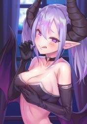 Rule 34 | 1girl, :q, ahoge, bad id, bad pixiv id, bare shoulders, black choker, black gloves, blush, breast lift, breasts, choker, cleavage, closed eyes, closed mouth, collarbone, covered erect nipples, curtains, demon girl, demon horns, demon wings, elbow gloves, fellatio gesture, full moon, gloves, hair between eyes, heart, heart-shaped pupils, heart o-ring, horns, indoors, jagaimo (kkamja), long hair, looking at viewer, medium breasts, moon, naughty face, night, original, pointy ears, purple eyes, purple hair, purple wings, smile, solo, strapless, symbol-shaped pupils, tongue, tongue out, tube top, twintails, upper body, window, wings
