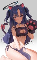 Rule 34 | 1girl, absurdres, animal ears, animal hands, black bra, black choker, black gloves, black panties, blue archive, blush, bra, breasts, cat cutout, cat ears, cat lingerie, cat paws, cat tail, choker, clothing cutout, collarbone, gloves, groin, halo, highres, large breasts, long hair, looking at viewer, mechanical halo, meme attire, navel, open mouth, panties, paw gloves, purple eyes, purple hair, ri yonn, solo, tail, two side up, underwear, yuuka (blue archive)