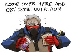 Rule 34 | 1boy, english text, facing viewer, fatherly, food, galaxyspark, grey hair, jacket, juice box, male focus, mask, mouth mask, old, old man, overwatch, overwatch 1, sandwich, simple background, soldier: 76 (overwatch), solo, white background
