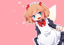 Rule 34 | 1girl, absurdres, blue eyes, bow, bowtie, fairy wings, fang, highres, juliet sleeves, kanisawa yuuki, long sleeves, looking at viewer, maid, maid headdress, open mouth, orange hair, outline, pink background, puffy sleeves, red bow, red bowtie, short hair, skin fang, solo, sunny milk, touhou, two side up, white outline, wings