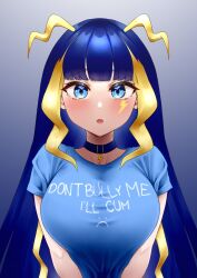 Rule 34 | 1girl, antenna hair, blonde hair, blue choker, blue eyes, blue hair, blue shirt, blush, breasts, choker, clothes writing, enotwo, facial mark, gradient background, grey background, highres, indie virtual youtuber, large breasts, lightning bolt facial mark, lightning bolt symbol, long hair, multicolored hair, nariko sai, parted lips, second-party source, shirt, solo, two-tone hair, upper body, virtual youtuber
