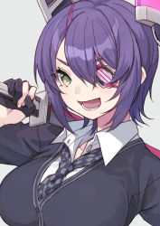 Rule 34 | 1girl, black gloves, black jacket, breasts, checkered necktie, commission, eyepatch, gloves, headgear, jacket, kantai collection, large breasts, looking at viewer, mitsuyo (mituyo324), necktie, open mouth, partially fingerless gloves, purple hair, school uniform, short hair, solo, teeth, tenryuu (kancolle), upper body, yellow eyes