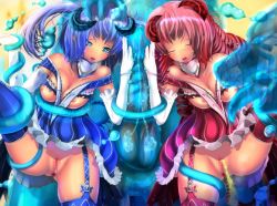 Rule 34 | 2girls, anus, aomidori, blue eyes, blue hair, blush, breasts, censored, horns, monster, mosaic censoring, multiple girls, nipples, peeing, pussy, red hair, tentacles, thighhighs