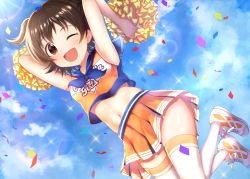 Rule 34 | 1girl, ;d, akagi miria, armpits, arms up, bad id, bad pixiv id, bare arms, bare shoulders, blue ribbon, blue sailor collar, blue sky, blush, brown eyes, brown hair, cheerleader, clothes writing, cloud, cloudy sky, commentary request, confetti, cotrpopor, crop top, crop top overhang, day, dutch angle, holding, holding pom poms, idolmaster, idolmaster cinderella girls, legs up, lens flare, looking at viewer, midair, midriff, miniskirt, navel, neck ribbon, one eye closed, open mouth, orange shirt, orange skirt, outdoors, pleated skirt, pom pom (cheerleading), pom poms, ribbon, sailor collar, shirt, shoes, short hair, skirt, sky, sleeveless, sleeveless shirt, smile, sneakers, solo, sparkle, sunlight, tareme, thighhighs, two side up, white footwear, white thighhighs, zettai ryouiki