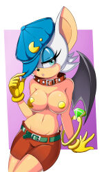 Rule 34 | 1girl, absurdres, adjusting clothes, adjusting headwear, animal ears, animal nose, bat ears, bat wings, belt, belt buckle, belt collar, black wings, blue eyes, blue hat, blush, breasts, buckle, collar, cosplay, cowboy shot, eyelashes, eyeliner, female focus, furry, furry female, gem, gloves, groin, half-closed eyes, hat, highres, jewelry, klonoa, klonoa (cosplay), large breasts, lipstick, makeup, navel, parted lips, pasties, pink lips, red shorts, ring, rouge the bat, shiny skin, shorts, snout, solo, sonic (series), stomach, thighs, topless, white gloves, wings, yellowjello