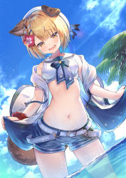Rule 34 | 1girl, animal ears, belt, blonde hair, blue shorts, crop top, dog ears, dog girl, dog tail, erune, flower, granblue fantasy, hat, hat ribbon, highres, in water, looking at viewer, medium hair, midriff, navel, open mouth, palm tree, ribbon, sailor collar, shirt, short shorts, shorts, sleeveless, sleeveless shirt, solo, swimsuit, tail, topia, tree, vajra (granblue fantasy), vajra (summer) (granblue fantasy), wading, white hat