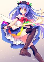 Rule 34 | 1girl, :d, black hat, black thighhighs, blue hair, blue skirt, blush, boots, brown footwear, floating hair, hair between eyes, hat, highres, hinanawi tenshi, holding, holding sword, holding weapon, knee boots, long hair, mechrailgun, medium skirt, open mouth, panties, pantyshot, pleated skirt, red eyes, shiny clothes, shiny legwear, shirt, short sleeves, skirt, smile, solo, standing, standing on one leg, sword, thighhighs, touhou, underwear, very long hair, weapon, white background, white panties, white shirt
