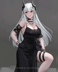 Rule 34 | arknights, black dress, breasts, cleavage, dress, feet out of frame, grey background, highres, horns, jewelry, large breasts, looking at viewer, mudrock (arknights), necklace, notgustiarp, pointy ears, red eyes, side slit, thigh strap, white hair, wristband