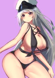 Rule 34 | 1girl, alternate breast size, alternate costume, arms at sides, azur lane, bare arms, bare shoulders, bikini, black bikini, blush, breasts, center opening, chikuwabu (cafeinbiard), cleavage, closed mouth, contrapposto, covered erect nipples, cowboy shot, curvy, enterprise (azur lane), eyebrows, eyelashes, facing away, front-tie bikini top, front-tie top, frown, grey hair, groin, hat, highres, huge breasts, legs apart, long hair, navel, peaked cap, purple background, purple eyes, simple background, solo, standing, stomach, swimsuit, thick thighs, thighs, very long hair, white hat, wide hips