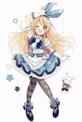 Rule 34 | &gt; o, 1girl, ;d, alice (alice in wonderland), alice in wonderland, animal, argyle, argyle clothes, argyle legwear, arm up, asymmetrical legwear, black footwear, black shorts, blonde hair, blue bow, blue eyes, blue jacket, blue ribbon, blue skirt, blush, bow, brown pantyhose, center frills, clothed animal, commentary request, frilled gloves, frilled skirt, frills, full body, gloves, hair ribbon, head tilt, highres, jacket, long hair, looking at viewer, mary janes, mismatched legwear, one eye closed, open mouth, pantyhose, pleated skirt, puffy short sleeves, puffy sleeves, red bow, ribbon, sakura oriko, shirt, shoes, short sleeves, shorts, skirt, smile, star (symbol), striped clothes, striped pantyhose, very long hair, white gloves, white rabbit (alice in wonderland), white shirt