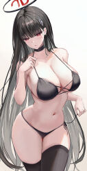 Rule 34 | 1girl, bare arms, bare shoulders, bikini, black bikini, black hair, black thighhighs, blue archive, blush, breasts, cleavage, commentary, cowboy shot, hair ornament, hairpin, halo, large breasts, long hair, looking at viewer, naad, navel, parted lips, red eyes, rio (blue archive), side-tie bikini bottom, simple background, solo, swimsuit, thighhighs, white background