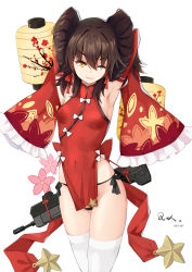 Rule 34 | 1girl, absurdres, armpits, arms behind head, assault rifle, bad id, bad pixiv id, bare shoulders, black hair, black panties, bow, breasts, brown eyes, brown hair, bullpup, china dress, chinese clothes, closed mouth, cowboy shot, dated, detached sleeves, double bun, dress, dress bow, girls&#039; frontline, gun, hair between eyes, hair bun, highres, long hair, looking at viewer, medium breasts, official alternate costume, one eye closed, open mouth, panties, pelvic curtain, petals, qbz-97, qianqiu wanxia, red bow, red dress, red eyes, rifle, side-tie panties, sidelocks, signature, simple background, skindentation, smile, solo, thighhighs, thighs, twintails, type 97 (girls&#039; frontline), type 97 (peony) (girls&#039; frontline), underwear, weapon, weapon on back, white bow, white thighhighs, wide sleeves