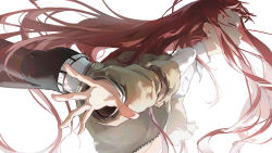 Rule 34 | 1girl, belt, black pantyhose, black shorts, breasts, brown jacket, brown pantyhose, chinese commentary, closed eyes, commentary, cowboy shot, dino (dinoartforame), eyelashes, falling, floating hair, from side, highres, jacket, long hair, long sleeves, makise kurisu, off shoulder, open clothes, open jacket, outstretched arms, pantyhose, pantyhose under shorts, parted lips, profile, red hair, shirt, shorts, simple background, solo, spread arms, steins;gate, very long hair, white background, white shirt