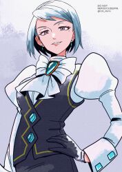 Rule 34 | 1girl, absurdres, ace attorney, artist name, black gloves, black skirt, black vest, blue hair, bow, bowtie, brooch, earrings, franziska von karma, gloves, grey background, grey eyes, hand on own hip, highres, jewelry, juliet sleeves, long sleeves, looking at viewer, mole, mole under eye, parted lips, phoenix wright: ace attorney - justice for all, puffy sleeves, rat nkmi, shirt, short hair, skirt, solo, standing, vest, white bow, white bowtie, white shirt