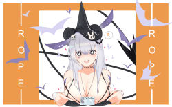 Rule 34 | 1girl, absurdres, animal ears, arknights, artist name, bat tattoo, black dress, black eyes, black hat, breasts, candy, character name, cleavage, dress, dutou, food, hair ornament, hat, heart, highres, id card, large breasts, light purple hair, lollipop, long hair, looking at viewer, official alternate costume, open mouth, rabbit ears, rope (arknights), rope (imp&#039;s house) (arknights), skindentation, skull hair ornament, solo, spoken food, strap, tattoo, teeth, upper body, upper teeth only, witch hat