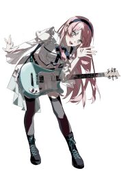 Rule 34 | 1girl, bang dream!, bang dream! it&#039;s mygo!!!!!, black thighhighs, blue bow, blue bowtie, blue eyes, blue hairband, boots, bow, bowtie, chihaya anon, collared shirt, earrings, electric guitar, frills, guitar, hairband, hand up, highres, instrument, jewelry, knee boots, leaning forward, long hair, looking at viewer, midriff, open mouth, outstretched arm, pink hair, qing yan xia, shirt, skirt, solo, standing, thighhighs, waving, white background