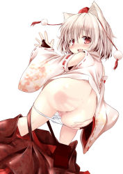 Rule 34 | 1girl, animal ears, ass, bent over, blush, bottomless, censored, clothes pull, detached sleeves, female focus, geta, hat, inubashiri momiji, inyucchi, mosaic censoring, open mouth, panties, panty pull, pussy, pussy juice, red eyes, shirt, short hair, skirt, skirt pull, slap mark, solo, spanked, touhou, underwear, white hair, white panties, wolf ears