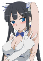 Rule 34 | 10s, 1girl, arm behind head, armpit focus, armpits, bad id, bad pixiv id, bare shoulders, black hair, blue eyes, blue ribbon, blush, breast press, breasts, cleavage, cleavage cutout, closed mouth, clothing cutout, dress, dungeon ni deai wo motomeru no wa machigatteiru darou ka, female focus, gloves, hair ribbon, hestia (danmachi), highres, kuroame (kurinohana), large breasts, long hair, making-of available, presenting armpit, rei no himo, ribbon, sideboob, simple background, solo, spread armpit, sweat, twintails, upper body, wavy mouth, white background, white dress, white gloves