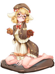 1girl absurdres akai_watame animal_ears barefoot beret black-framed_eyewear blonde_hair blush bow bowtie breasts brown_hat brown_jacket commentary_request dog dress expressionless floppy_ears frilled_jacket frills full_body glasses hat highres inaba_haneru_(10th_costume)_(animare) inaba_haneru_(animare) jacket looking_at_viewer medium_breasts nanashi_inc. parted_lips pink_bow pink_bowtie plaid_bow plaid_bowtie plaid_clothes rabbit_ears rabbit_girl seiza short_hair simple_background sitting solo striped_clothes striped_dress vertical-striped_clothes vertical-striped_dress virtual_youtuber white_background white_dress yellow_eyes