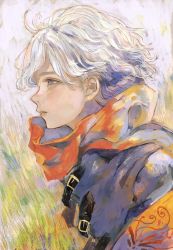 Rule 34 | 1boy, androgynous, blue eyes, colorful, earrings, eyelashes, grass, highres, jewelry, light blue eyes, long eyelashes, male focus, multicolored eyes, orie h, original, painterly, parted lips, purple eyes, red scarf, scarf, solo, star (symbol), star earrings, upper body, white hair, wind