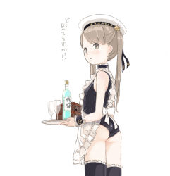 1girl anchor_symbol apron ass black_choker black_one-piece_swimsuit black_ribbon black_thighhighs blush bottle brown_eyes brown_hair choker closed_mouth cup drinking_glass female_focus frilled_apron frilled_thighhighs frills hair_ribbon hat holding holding_tray kokudou_juunigou long_hair looking_away looking_to_the_side one-piece_swimsuit original ribbon sailor_hat school_swimsuit solo swimsuit swimsuit_under_clothes thighhighs translation_request tray twintails v-shaped_eyebrows white_apron white_hat