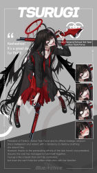 Rule 34 | 1girl, absurdly long hair, absurdres, ahoge, angel, black hair, black wings, blood, blood halo, blood on clothes, blue archive, boots, character name, character sheet, choker, copyright name, dark halo, dripping, dual wielding, english text, evil eyes, feathered wings, full body, gun, halo, highres, holding, holding gun, holding weapon, liquid halo, long hair, melting halo, mx2j, neckerchief, official art, over shoulder, red choker, red eyes, red halo, red neckerchief, school uniform, serafuku, sharp tongue, shotgun, solo, tongue, tongue out, tsurugi (blue archive), undone neckerchief, very long hair, weapon, weapon over shoulder, winchester model 1887, wings