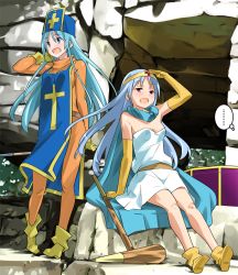 Rule 34 | aqua hair, blue hair, blush, bodysuit, boots, breasts, cape, circlet, cleavage, commentary request, cross, dragon quest, dragon quest iii, dress, elbow gloves, gloves, hat, imaichi, long hair, medium breasts, mitre, multiple girls, open mouth, orange bodysuit, priest (dq3), red eyes, sage (dq3), smile, staff, tabard, weapon
