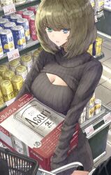 Rule 34 | 1boy, 1girl, absurdres, aramachi, beer can, black sweater, box, brand name imitation, breasts, can, cleavage, cleavage cutout, clothing cutout, drink can, green hair, heterochromia, highres, holding, holding box, idolmaster, idolmaster cinderella girls, large breasts, long sleeves, looking at viewer, meme attire, mole, mole under eye, open-chest sweater, pov, pov hands, supermarket, sweater, takagaki kaede