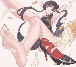 Rule 34 | 1girl, absurdres, applying pedicure, barefoot, black hair, blue archive, double bun, feet, food, grey eyes, hair bun, highres, ice cream, kisaki (blue archive), long hair, parted lips, shoes, single shoe, soles, toes, twintails, unworn shoes, yukiale