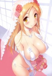 Rule 34 | 1girl, bare shoulders, bikini, blonde hair, blush, bouquet, breasts, bridal veil, bride, choker, cleavage, closed mouth, collarbone, covered erect nipples, curvy, cygnus (cygnus7), day, earrings, elbow gloves, flower, flower earrings, frilled bikini, frills, gloves, hair flower, hair ornament, hand on own chest, hand up, highres, holding, holding bouquet, indoors, jewelry, large breasts, legs together, long hair, looking at viewer, necklace, original, pink flower, pink lips, pink rose, ring, rose, shiny clothes, side-tie bikini bottom, skindentation, sling bikini top, smile, solo, standing, string bikini, swimsuit, tareme, thighhighs, veil, wedding band, white bikini, white gloves, white thighhighs, wide hips, yellow eyes