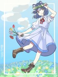 Rule 34 | 1girl, alternate costume, animal ears, blue dress, blue hair, boots, bow, bowtie, brown eyes, brown footwear, collared shirt, commentary request, common raccoon (kemono friends), cross-laced footwear, dress, extra ears, flower, grass, hand in own hair, head wreath, holding, holding flower, kemono friends, onlyarai, puffy short sleeves, puffy sleeves, raccoon ears, raccoon tail, red bow, red bowtie, shirt, short hair, short sleeves, smile, socks, solo, tail, two-tone dress, white shirt, white socks