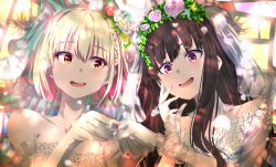 2girls absurdres black_hair blonde_hair bob_cut bridal_veil commentary_request dress female_focus hand_up highres inoue_takina jewelry lace long_hair lycoris_recoil multiple_girls nishikigi_chisato off-shoulder_dress off_shoulder open_mouth purple_eyes ring sengoku_chidori short_hair sidelocks teeth upper_body upper_teeth_only veil wedding_dress wedding_ring white_dress wife_and_wife yuri