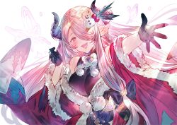 Rule 34 | absurdres, black gloves, blue eyes, blush, braid, breasts, christmas, draph, dress, fur-trimmed dress, fur trim, gloves, granblue fantasy, hair ornament, hair over one eye, highres, horns, large breasts, light purple hair, long hair, low tied hair, mayutsuba mono, narmaya (granblue fantasy), narmaya (holiday) (granblue fantasy), outstretched arm, pointy ears, purple hair, red dress, single braid, snowman hair ornament, solo, white background