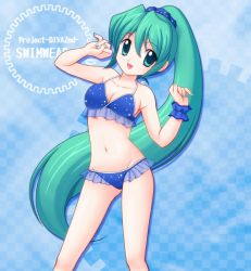 Rule 34 | 1girl, alternate hairstyle, aoya (hoshixii), bad id, bad pixiv id, bikini, blue bikini, checkered background, green eyes, green hair, hatsune miku, long hair, matching hair/eyes, navel, open mouth, ponytail, project diva (series), project diva 2nd, solo, swimsuit, very long hair, vocaloid