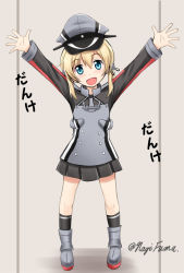 Rule 34 | 10s, 1girl, :d, anchor hair ornament, blonde hair, blue eyes, boots, fuuma nagi, hair ornament, hat, kantai collection, long hair, looking at viewer, open mouth, peaked cap, pleated skirt, prinz eugen (kancolle), skirt, smile, solo, twintails, twitter username