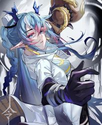 Rule 34 | 1girl, arknights, black gloves, blue eyes, blue hair, braid, breasts, coat, cowboy shot, dragon horns, earrings, elbow gloves, eyeshadow, foreshortening, from side, gloves, gourd, highres, horns, ink, jewelry, large breasts, ling (arknights), long hair, long sleeves, looking at viewer, looking to the side, luomuzhen, makeup, multicolored hair, open clothes, open coat, parted lips, pink hair, pointy ears, solo, streaked hair, two-tone hair, very long hair, white coat, wide sleeves