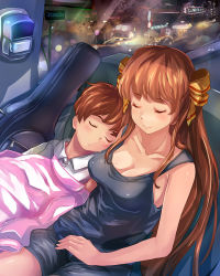 Rule 34 | 1boy, 1girl, breasts, brother and sister, brown hair, cleavage, hair ribbon, head on another&#039;s shoulder, long hair, md5 mismatch, original, ribbon, shorts, siblings, sleeping, suoni (deeperocean)