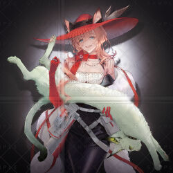 Rule 34 | 1girl, :d, absurdres, animal, animal ears, arknights, bare shoulders, belt, black dress, blue eyes, cat ears, choker, commentary request, cowboy shot, dress, ears through headwear, feather boa, heidi (arknights), highres, holding, holding animal, kal&#039;tsit (arknights), kal&#039;tsit (cat) (arknights), long hair, looking at viewer, open mouth, pink hair, red choker, red headwear, smile, solo, standing, vongola x, watermark