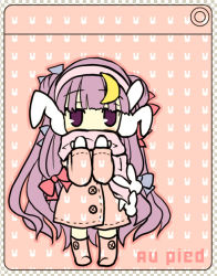 Rule 34 | 1girl, animal ears, blunt bangs, blush stickers, boots, bow, chibi, crescent, crescent hair ornament, female focus, hair bow, hair ornament, jacket, long hair, moon, patchouli knowledge, perfect cherry blossom, pink footwear, pink jacket, purple eyes, purple hair, rabbit earmuffs, rabbit ears, scarf, scarf over mouth, shiromomo, solo, touhou, very long hair