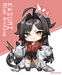 Rule 34 | 1girl, ahoge, black hair, black shorts, blue archive, bright pupils, character name, chibi, commentary request, copyright name, full body, halo, highres, horns, kasumi (blue archive), kurono, lab coat, looking at viewer, red shirt, sandals, shirt, shorts, sleeves past fingers, sleeves past wrists, solo, standing, tail, toes, twitter username, white pupils, yellow eyes