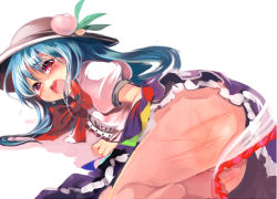 Rule 34 | 1girl, ass, bad id, bad pixiv id, barefoot, blue hair, blush, cis (carcharias), female focus, hat, hinanawi tenshi, masochism, red eyes, skirt, solo, spanked, tears, touhou, whip marks, white background