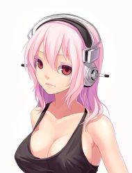 Rule 34 | 1girl, bad id, bad pixiv id, bare shoulders, breasts, cleavage, collarbone, colored eyelashes, fkey, hair between eyes, headphones, highres, lips, long hair, looking at viewer, nitroplus, pink hair, red eyes, shiny skin, simple background, sleeveless, solo, super sonico, upper body