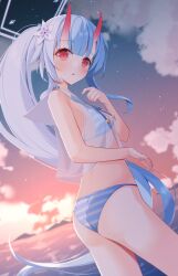 Rule 34 | 1girl, absurdres, ass, bare arms, bare legs, bare shoulders, bikini, blue archive, blue bikini, blue hair, blush, breasts, chise (blue archive), chise (swimsuit) (blue archive), cowboy shot, flower, hair flower, hair ornament, highres, horns, lacca (lalalacca), long hair, looking at viewer, navel, official alternate costume, open mouth, outdoors, red eyes, red horns, side ponytail, small breasts, solo, striped bikini, striped clothes, swimsuit, white flower