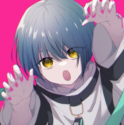 Rule 34 | 1girl, 4tsu8, blood, blood on hands, blue hair, fang, highres, jacket, long sleeves, looking at viewer, milgram, momose amane, open mouth, pink background, pink blood, short hair, simple background, skin fang, solo, straitjacket, white jacket, yellow eyes
