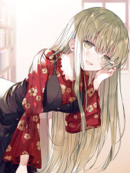 Rule 34 | 1girl, :d, bent over, black dress, blush, book, bookshelf, breasts, cecilia (shiro seijo to kuro bokushi), collarbone, commentary request, dress, floral print, green eyes, green hair, hair between eyes, highres, indoors, kazutake hazano, long hair, long sleeves, looking at viewer, open mouth, print shirt, puffy long sleeves, puffy sleeves, red shirt, shiro seijo to kuro bokushi, shirt, sleeveless, sleeveless dress, small breasts, smile, solo, standing, very long hair, window