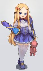 Rule 34 | 1girl, abigail williams (fate), blonde hair, blue dress, blue eyes, blush, breasts, cosplay, dress, melusine (fate), melusine (second ascension) (fate), fate/grand order, fate (series), forehead, full body, highres, long hair, melusine (fate) (cosplay), miya (miyaruta), parted bangs, small breasts, stuffed animal, stuffed toy, teddy bear
