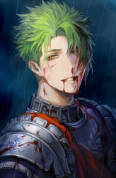 Rule 34 | 1boy, achilles (fate), armor, bad id, bad pixiv id, blood, blood on clothes, blood on face, changye, fate/apocrypha, fate/grand order, fate (series), green hair, hair over one eye, looking at viewer, male focus, smile, solo, yellow eyes