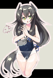 Rule 34 | 1girl, adapted costume, black hair, blouse, commentary request, crop top, cropped legs, fingers together, green eyes, grey neckerchief, hair ribbon, headgear, highleg, highleg swimsuit, highres, i-47 (kancolle), kantai collection, long hair, looking at viewer, low-tied long hair, neckerchief, one-hour drawing challenge, ribbon, sailor collar, sailor shirt, school swimsuit, see-through, see-through skirt, shirt, sidelocks, skirt, sleeveless, sleeveless shirt, solo, swimsuit, thigh gap, tress ribbon, tsukumo matoro, white sailor collar