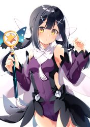 Rule 34 | 1girl, bare shoulders, black hair, commentary request, cowboy shot, detached sleeves, fate/kaleid liner prisma illya, fate (series), hair ornament, hands up, head tilt, hexagram, holding, holding wand, kaleidostick, long hair, long sleeves, looking at viewer, low twintails, magical girl, magical sapphire, miyu edelfelt, nonono (nononotea), parted lips, sidelocks, simple background, solo, standing, thighs, twintails, wand, white background, wide sleeves, x hair ornament, yellow eyes