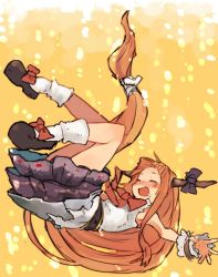 Rule 34 | 1girl, :d, absurdly long hair, alcohol, armpits, beer, belt, black footwear, blue bow, blunt bangs, blush, bow, bowtie, bubble, chobi (sakuyasakuhana), closed eyes, commentary request, full body, happy, horn bow, horn ornament, horns, ibuki suika, long hair, no nose, open mouth, purple skirt, red bow, red bowtie, shirt, shoes, sidelocks, skirt, sleeveless, smile, solo, submerged, touhou, very long hair, white legwear, white shirt, wrist cuffs, |d